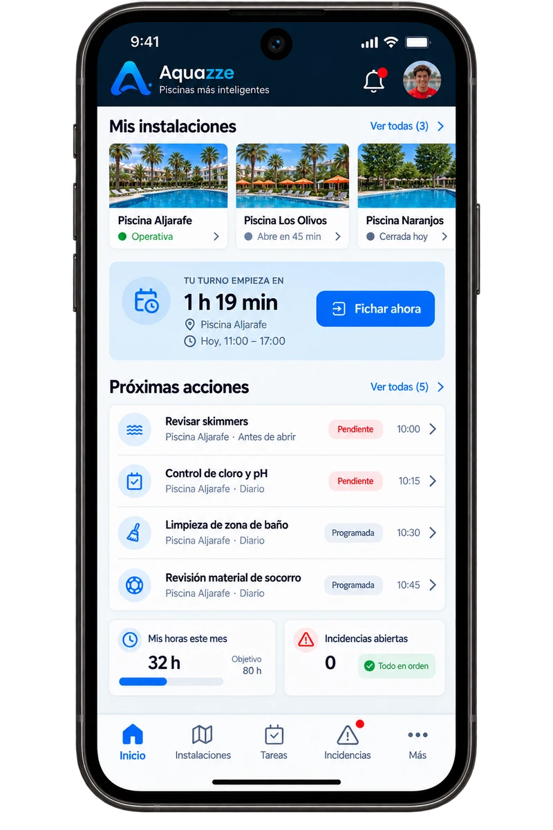 App de AQUAZZE: próximo turno y acciones prioritarias del día