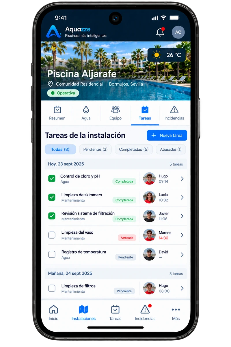 App de AQUAZZE: tareas completadas, pendientes y responsables