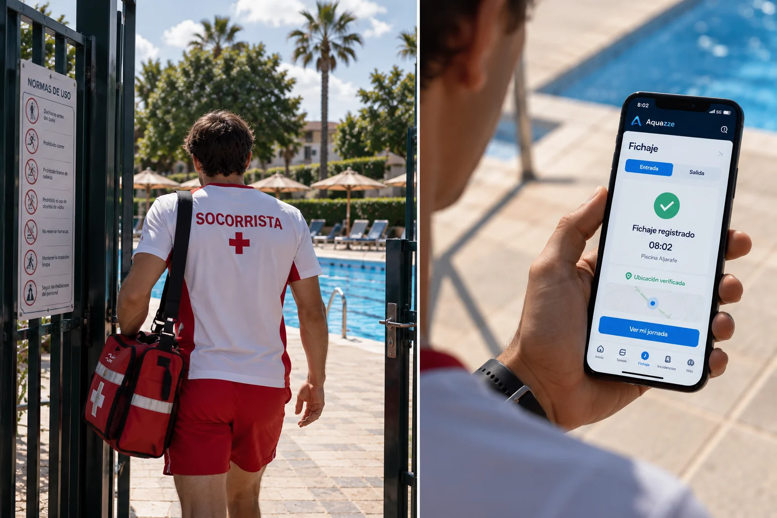 Socorrista llegando a la piscina y fichando su entrada en AQUAZZE