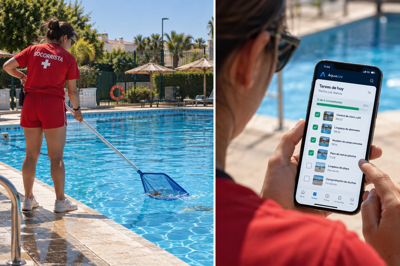 Socorrista limpiando la piscina y revisando las tareas del día en el móvil